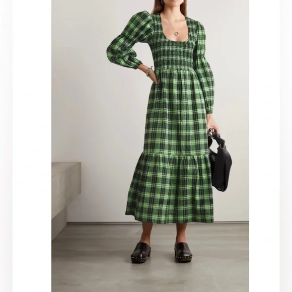 GANNI green seersucker check midi dress - Picture 1 of 1